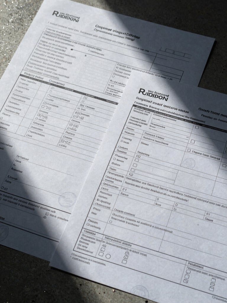 Extreme close-up overhead view of shipping and customs documentation — manifests, inspection checklists, and carbon-copy transfer forms spread across a concrete surface, lit by cool studio strobes casting sharp shadows across paper edges and stamped ink marks, industrial documentary framing