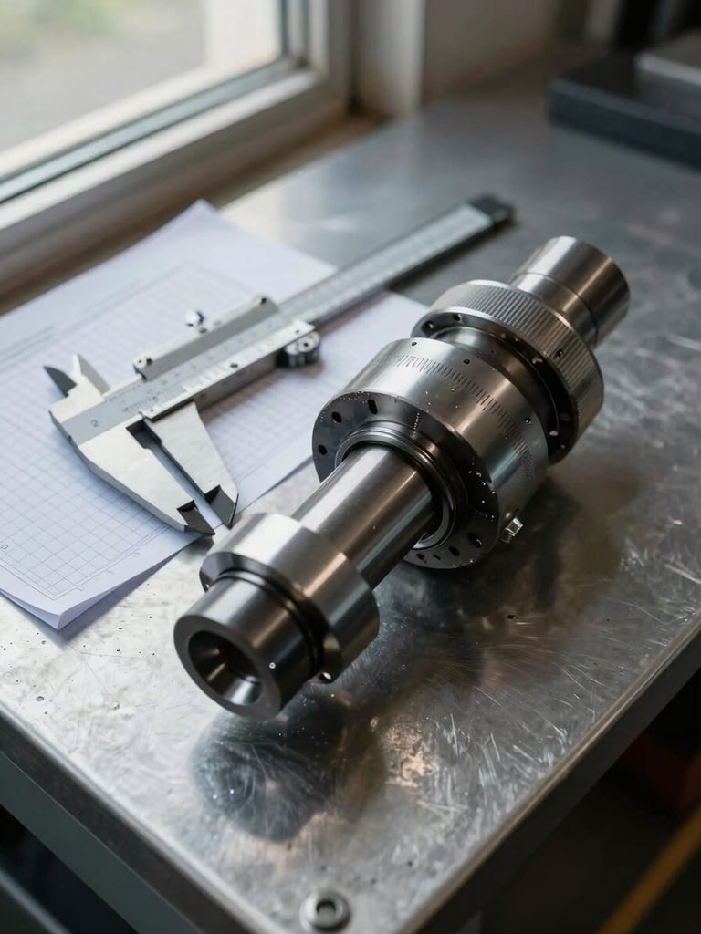 Overhead close-up of a mechanical assembly laid out on a steel inspection table — calipers resting on a worn cam follower, measurement data sheet partially visible beneath, cool north-facing daylight from a high workshop window