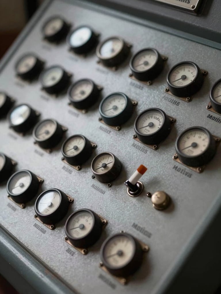 Extreme close-up of a Molins cigarette maker control panel, cool studio strobe lighting raking across worn steel switches and indicator dials, deep shadow in recesses, mechanical detail sharp and precise, no people, no background context—just the panel face filling the frame