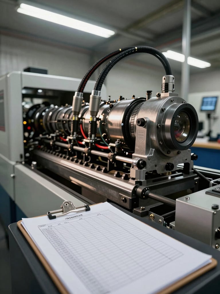 Wide environmental shot of a Hauni cigarette-maker running in a testing bay, instrument cables attached to the drivetrain housing, printed test log on a clipboard in the foreground, cool overhead fluorescent lighting casting hard industrial shadows across the machine body