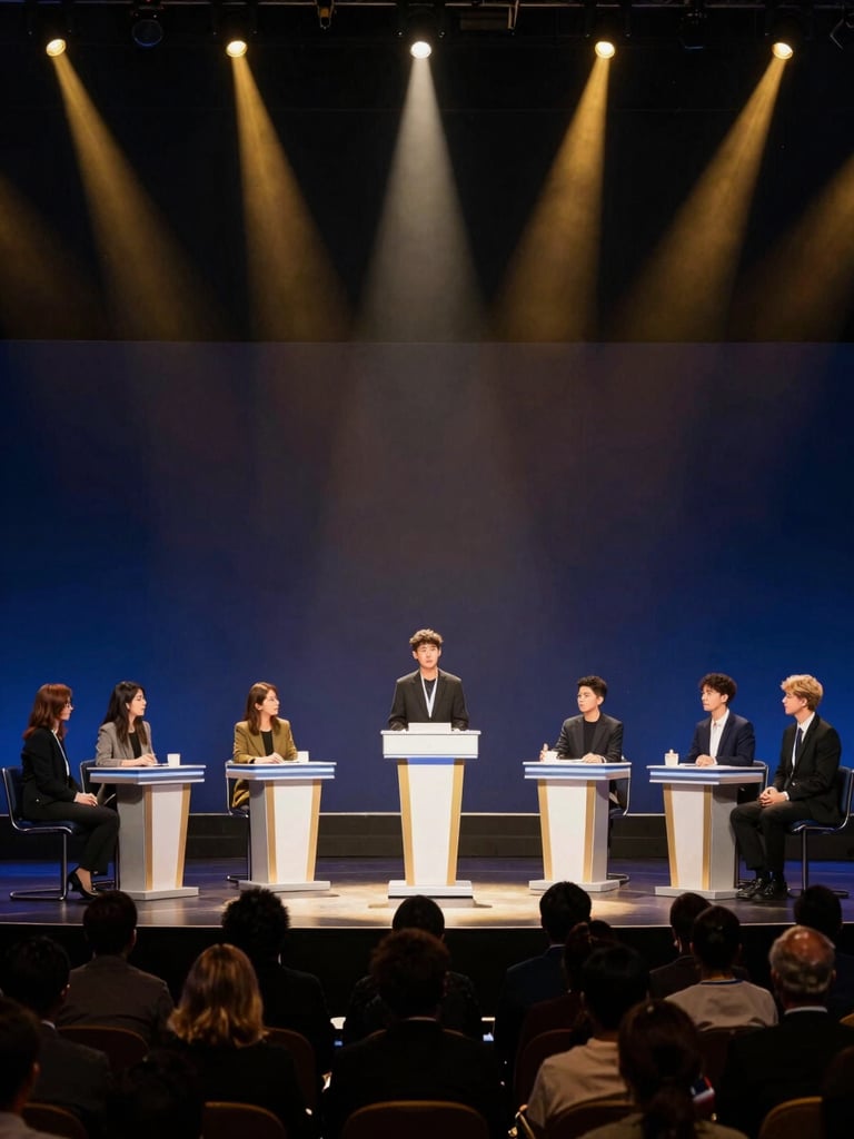A prestigious youth debate stage with warm dramatic spotlighting, a young speaker at the podium addressing an intellectual audience, deep navy and gold tones
