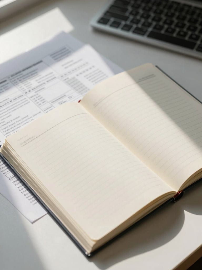 Close-up overhead view of an organized accounting desk — open ledger, tax documents spread under natural window light, a keyboard visible at the edge, no people present