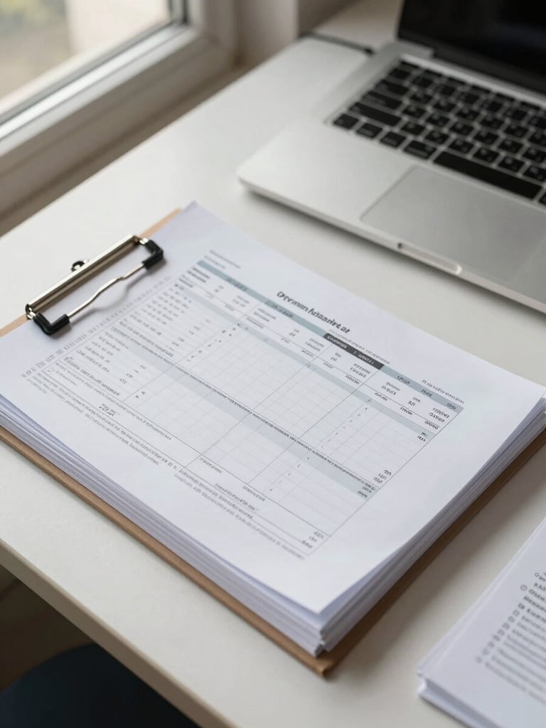 Overhead tight shot of organized office documents — a stack of fiscal forms clipped together beside a laptop keyboard on a light desk surface, natural window light from the left