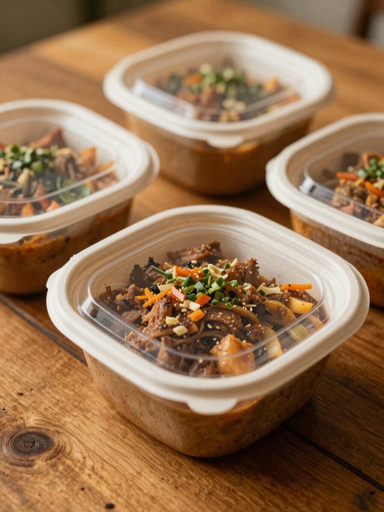 Warm Mexican food packaged in premium containers on a rustic wooden table, natural golden-hour light, close-up, 35mm