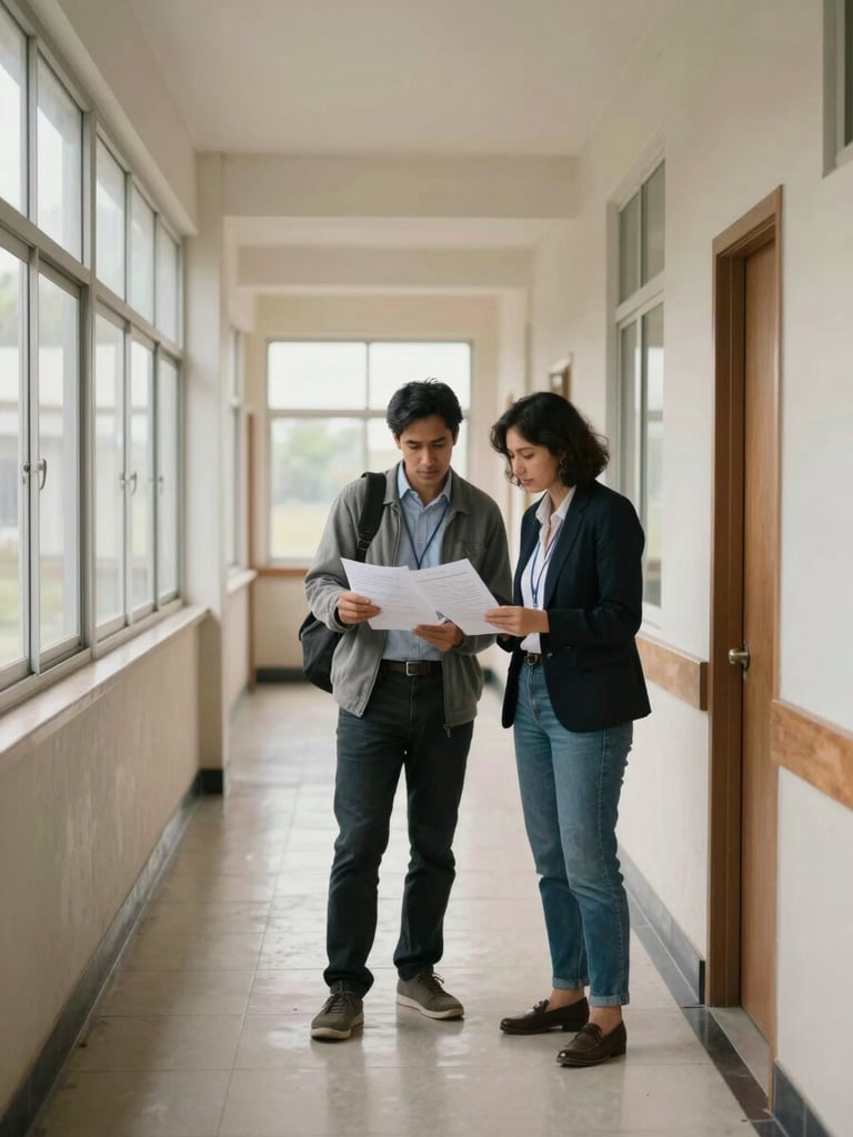 Environmental wide shot of a school hallway, two educators standing side by side reviewing printed documents together, soft natural daylight from a window at the end of the corridor, documentary and observed, no posed smiles