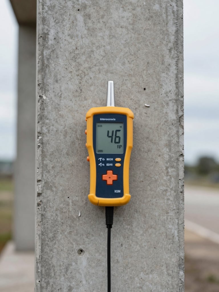 Straight-on orthographic view of a concrete structural column with a digital moisture meter held against it, cool overcast daylight, clean and technical.