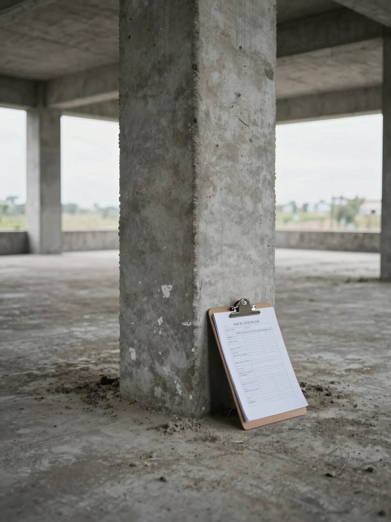 Wide interior view of a partially completed concrete building floor, close-up of a column base showing efflorescence and spalling detail, a clipboard with technical inspection sheet resting against the column, flat overcast daylight from high windows, no people, architectural geometry dominant