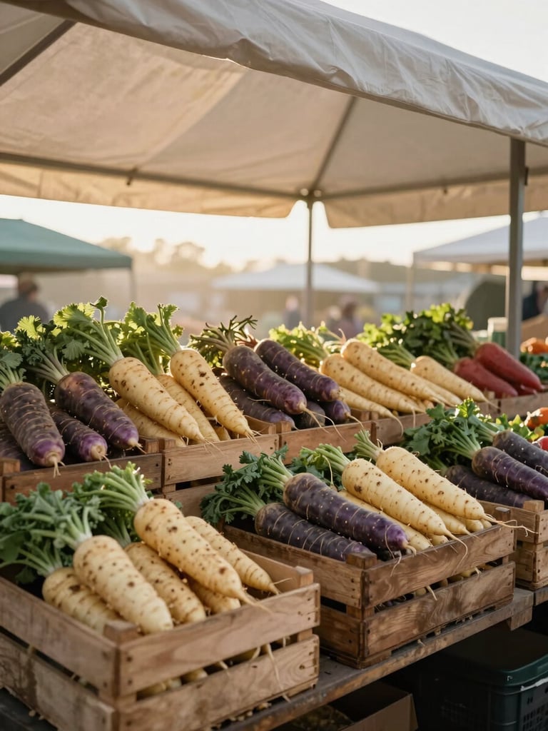 Wide shot of an empty farmers market stall at early morning, wooden crates of root vegetables arranged neatly, soft golden-hour light coming through a canvas awning, no people, quiet and still