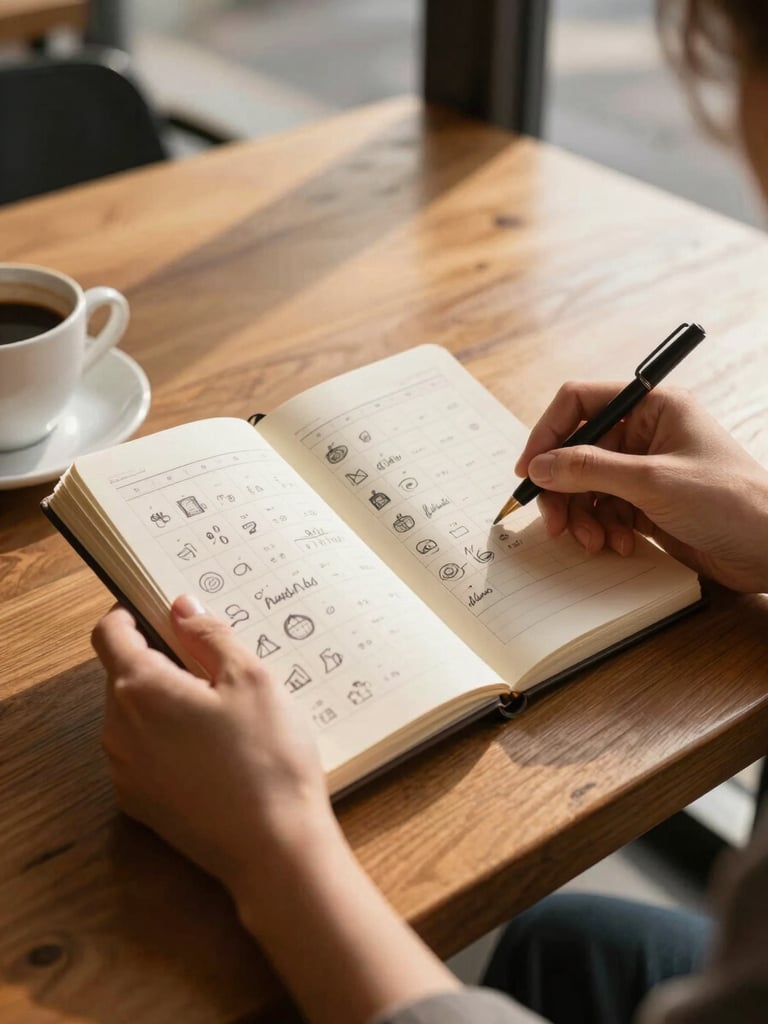 Hands holding a small notebook open to a hand-drawn content calendar on a wooden café table, golden-hour light from a nearby window, coffee cup at the edge of frame, close and warm