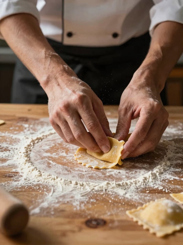 Close-up of a chef's hands folding fresh pasta dough on a worn wooden counter, north-facing kitchen daylight raking across the surface, flour dusting the air in the foreground, no faces visible