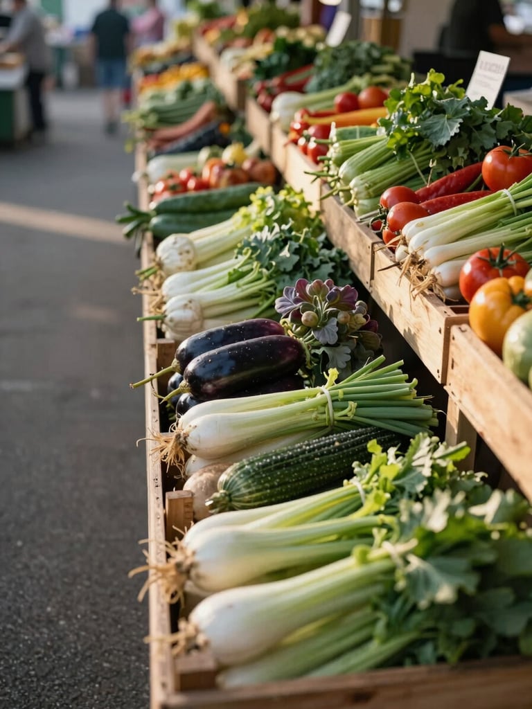 Wide environmental shot of a farmers market stall in early morning light, wooden crates of seasonal vegetables arranged along a table to the right, soft north-facing daylight raking across the produce, empty aisle visible to the left, unhurried atmosphere