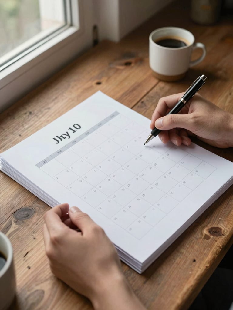 Hands holding a paper content calendar spread open on a rough wooden table, a pen resting on the page, morning window light from the left, a small jar of coffee visible in the background corner