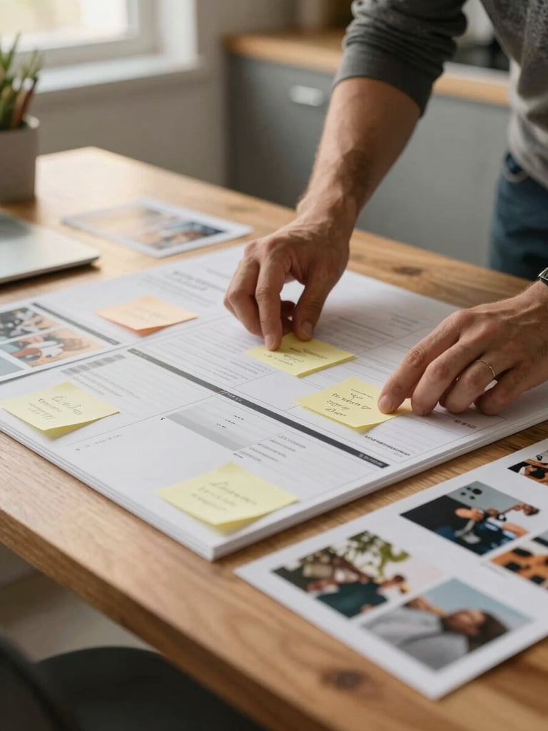 Close-up of a NEXA team member's hands arranging a content planning board on a wooden table in early-morning kitchen light, sticky notes and printed photos spread across the surface, warm ambient glow from a window just out of frame