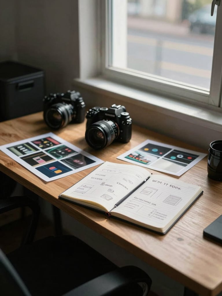 Wide shot of a small agency workspace in early morning light — a wooden desk holds a camera, printed contact sheets, and a notebook open to a hand-drawn content plan; north-facing window light falls across the surface, no people visible, quiet and purposeful
