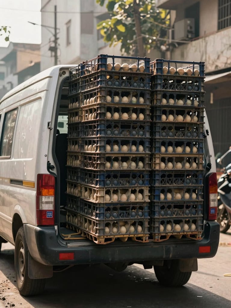 Wide environmental shot of a delivery van being loaded with stacked egg crates in an urban Karachi street, natural morning work-site light, close view of crates being lifted into the vehicle, no people's faces visible
