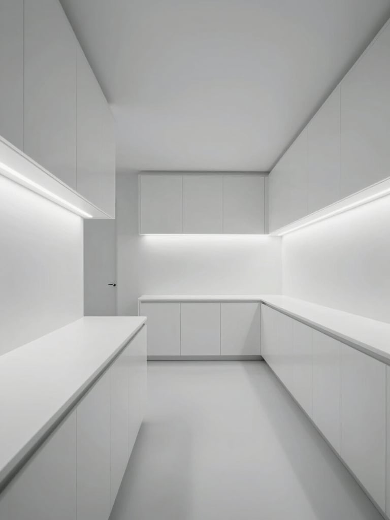 Minimalist clean medical interior, precise architectural lines, cool LED lighting, seamless white Corian counters, one-point perspective