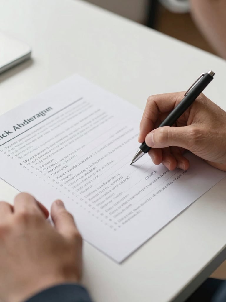 Close-up of hands annotating a printed strategy brief on a white desk, a fine-tipped pen marking key metrics, neutral daylight from the left, clean and legible