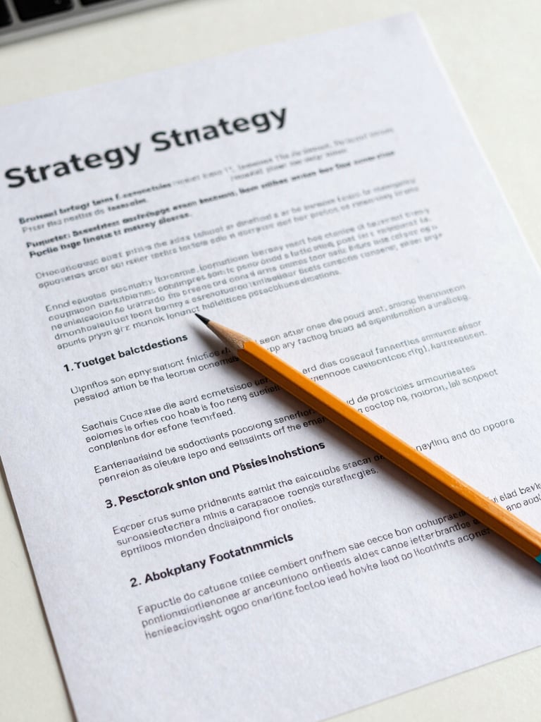 Close-up overhead flat-lay of an annotated strategy brief on a white desk, a pencil resting across the document, neutral daylight, sharp and even illumination, no people