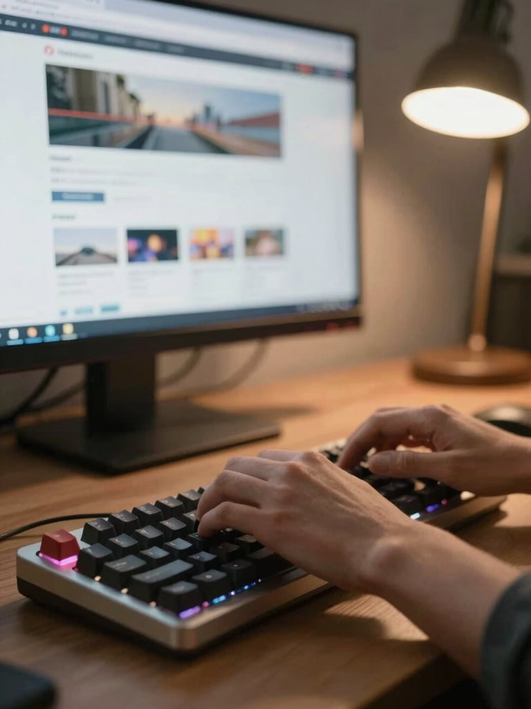 Close-up of hands typing on a mechanical keyboard in a dimly lit office, a monitor showing a website dashboard in the background, warm desk lamp light from the right side