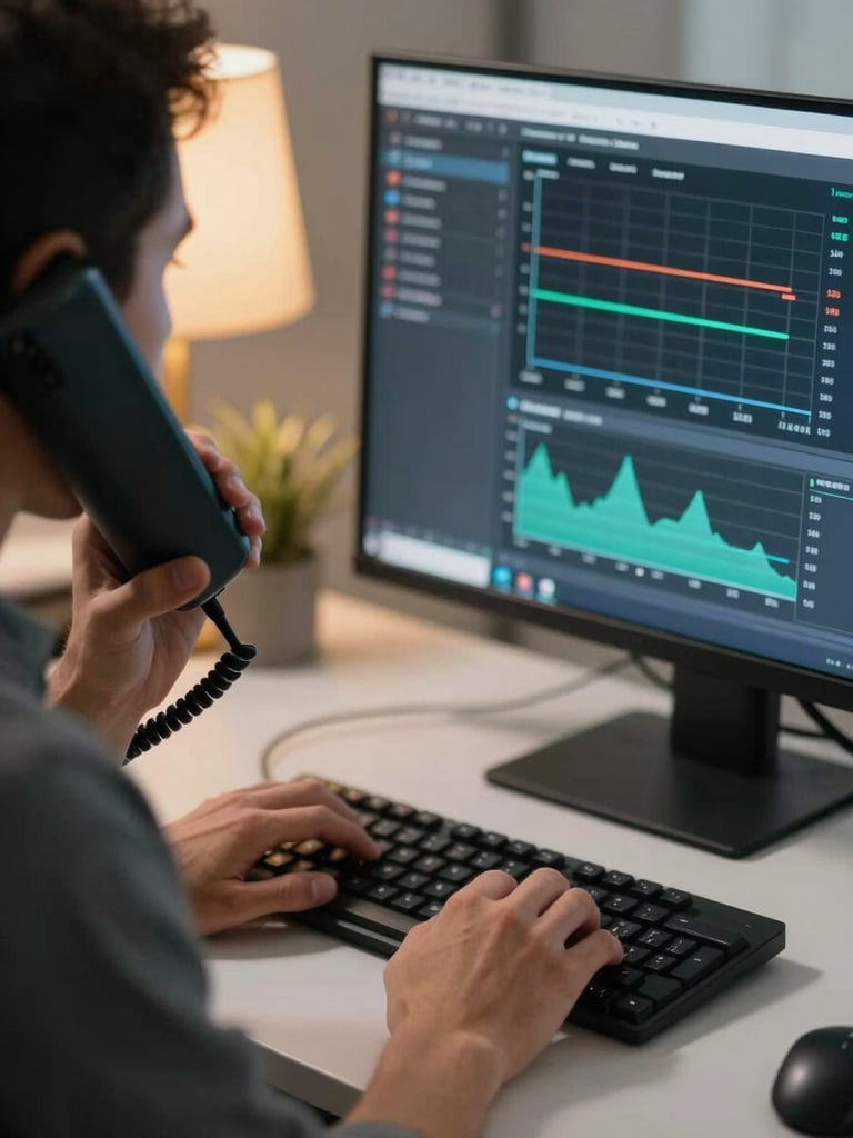Technician at a desk during a phone call, one hand on keyboard, screen showing a server monitoring dashboard with uptime graphs, warm office light from left, close-up framing