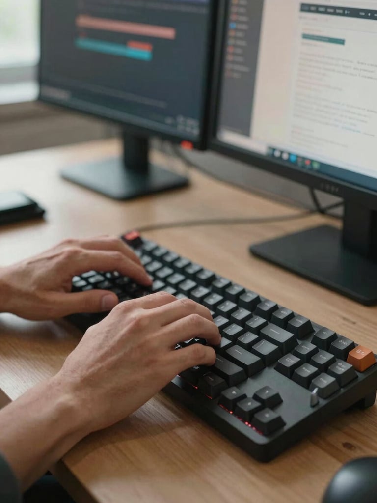 Close-up of a technician's hands typing on a mechanical keyboard at a desk, dual monitors visible behind showing a website dashboard, natural daylight from a side window casting soft shadows on the keys