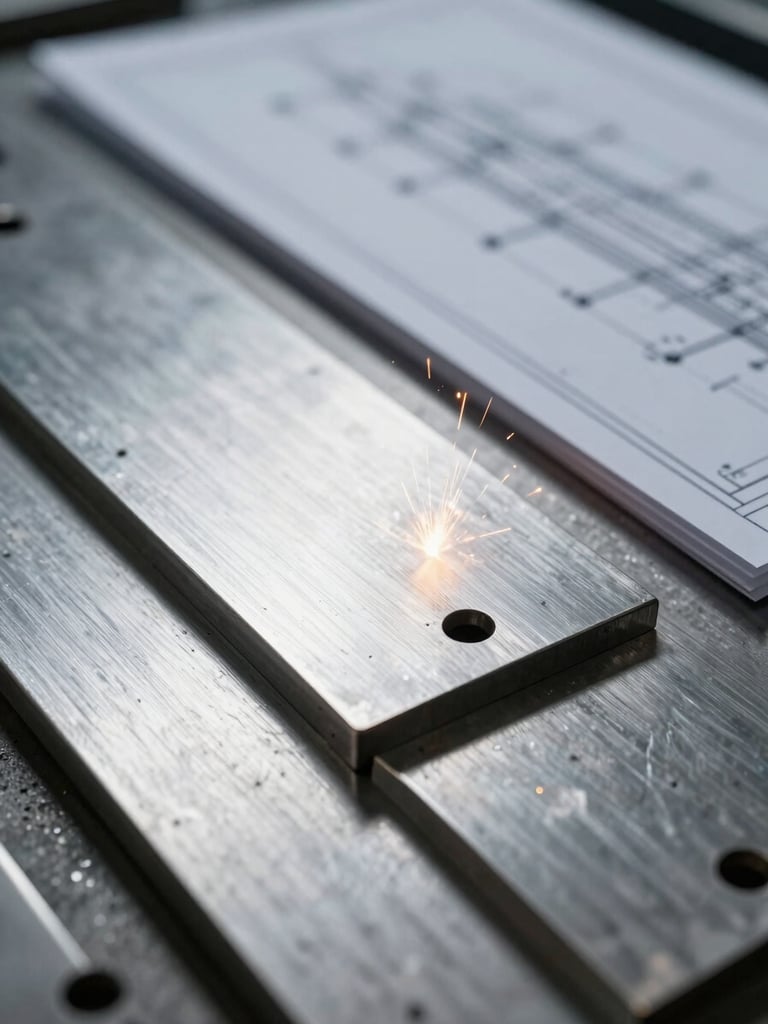 Macro shot of technical blueprints resting on pristine laser-cut steel plates, cool metallic tones, high-contrast industrial lighting, shallow depth of field