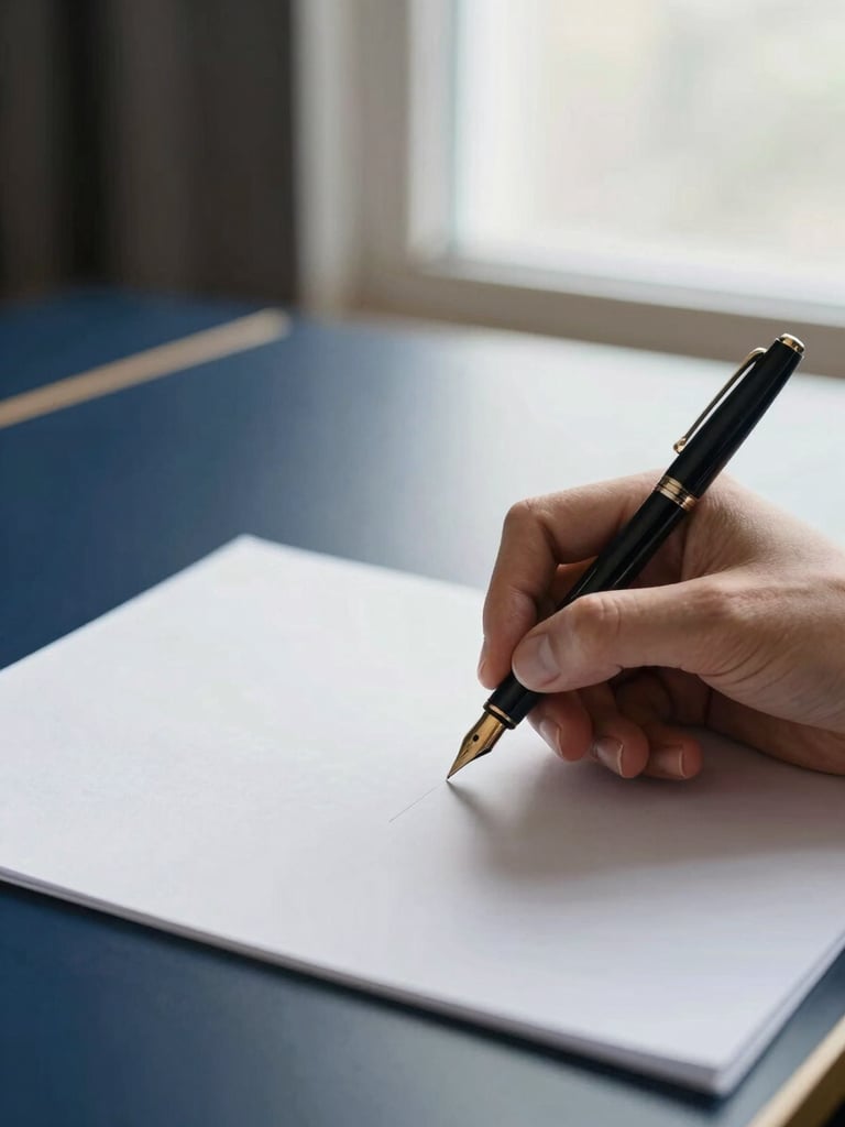 Close-up of hands writing on high-quality paper with a fountain pen, soft natural window light, architectural composition, 35mm