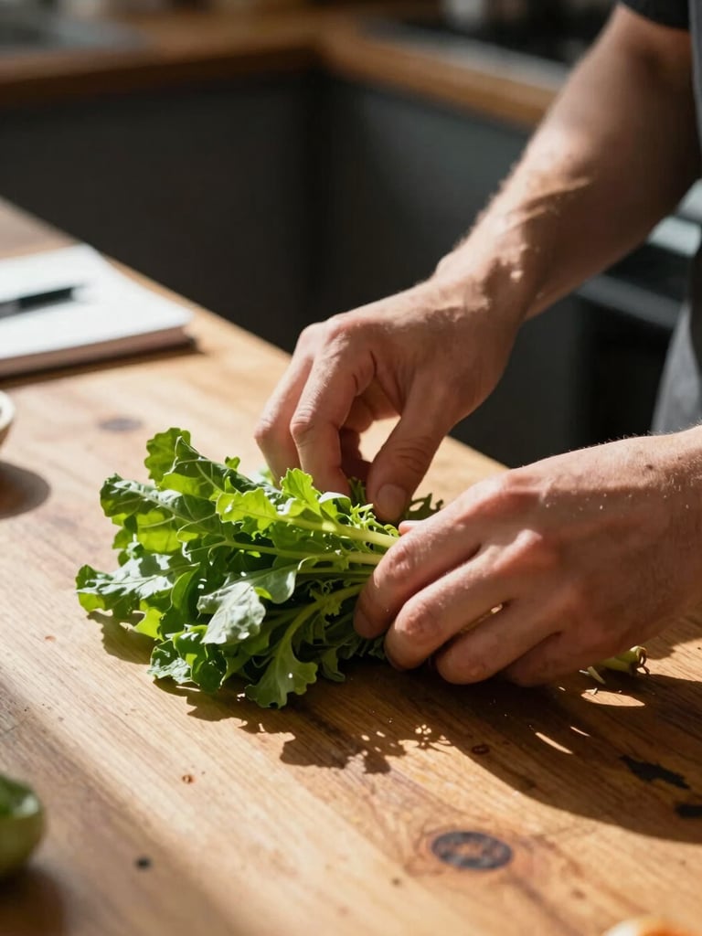 Close-up of a person's hands arranging fresh produce on a worn wooden prep counter, north-facing daylight streaming from the left, deep shadows in the background, a small notebook and pen resting just out of focus at the edge of the frame