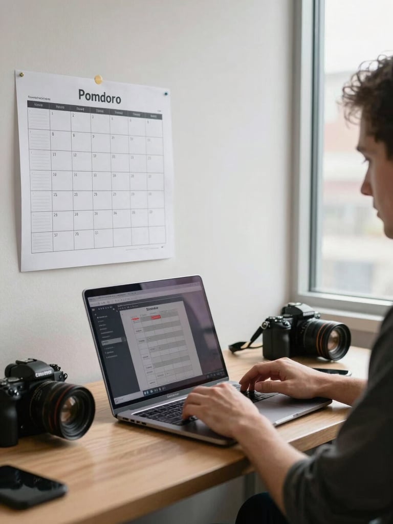 Pomodoro team member at a laptop in a bright studio space, a printed content calendar pinned to the wall behind, a camera body resting on the edge of the desk, north-facing window light, hands on the keyboard mid-session — candid, documentary framing.
