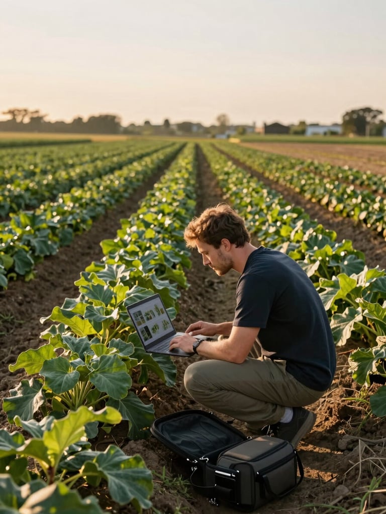 Wide shot of a Pomodoro team member crouching in a farm field reviewing photos on a laptop screen, rows of crops behind them, golden afternoon light, camera bag open on the ground beside them