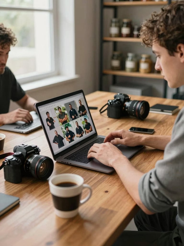 Wide shot of a Pomodoro team member reviewing photos on a laptop at a timber table, a camera body resting beside the keyboard, soft north-facing window light, a half-drunk coffee cup in the foreground, background slightly out of focus showing shelves of jars
