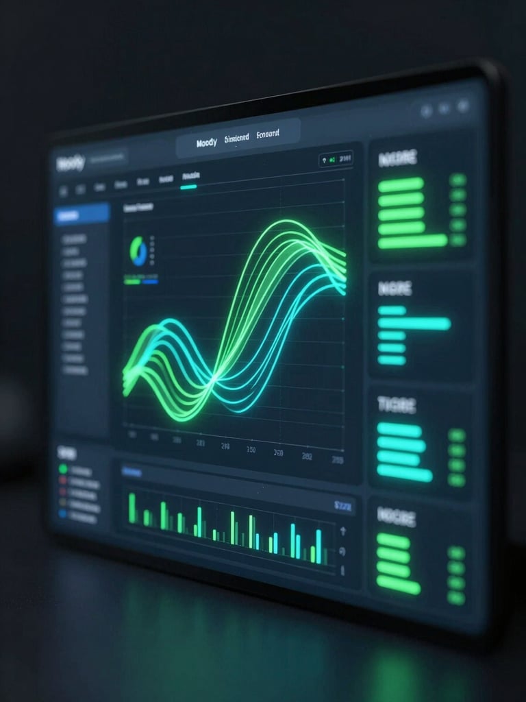 Moody 3D render of a clean software dashboard interface showing operational metrics, subtle neon green and electric blue ambient glows, low-key cinematic lighting.