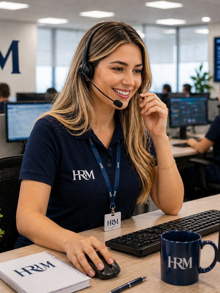 Smiling HRM customer support representative with headset working at a computer in a modern office call center.