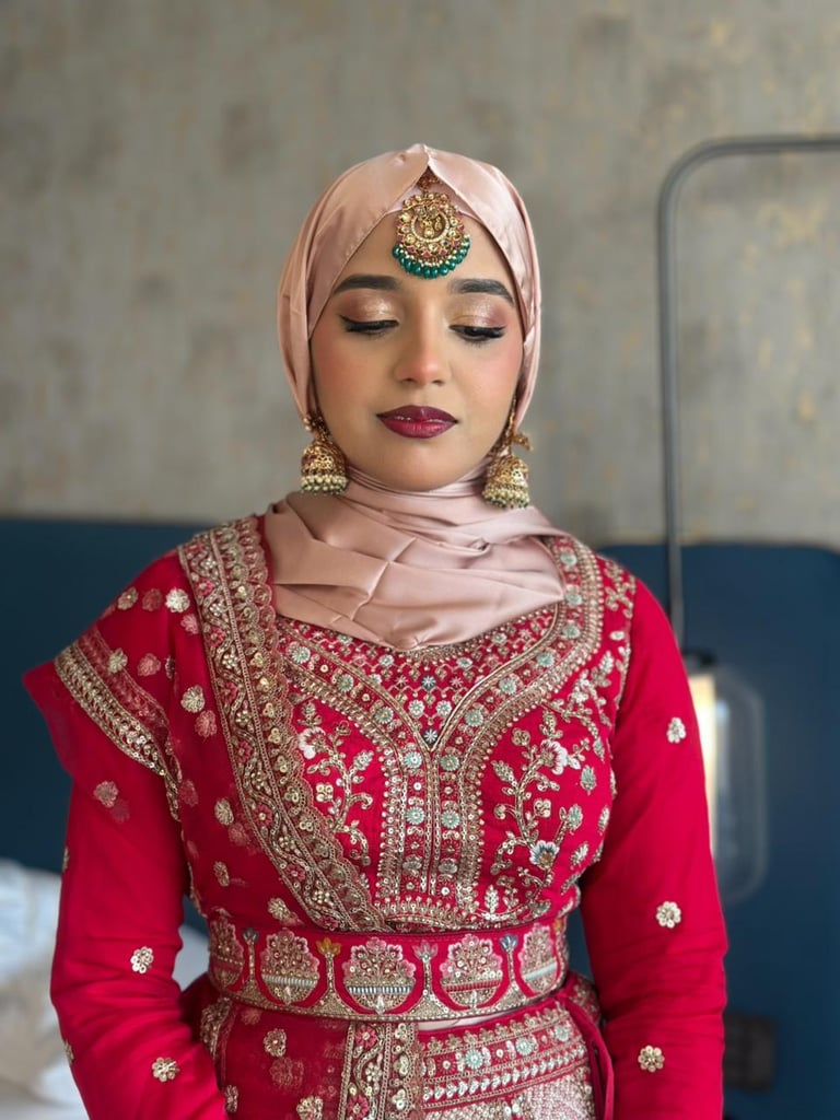 Professional hijab styling and bridal makeup Dubai.