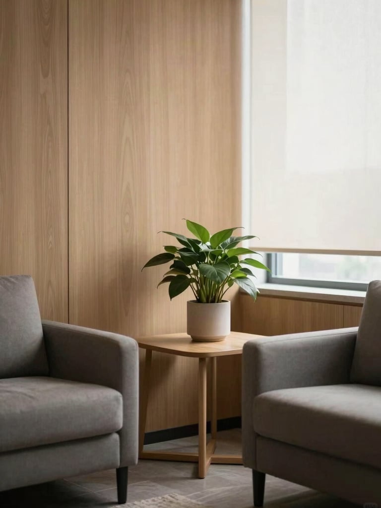 A serene, modern office consultation room, warm wood textures, a soft green plant on a side table, diffused window light creating a peaceful atmosphere.