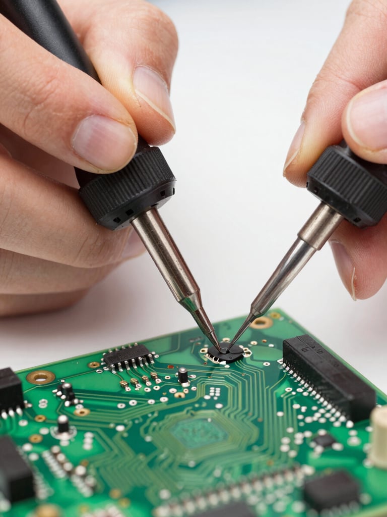 Macro close-up of a technician's hands using a fine soldering iron on a green circuit board, bright neutral studio lighting, sharp focus on the metallic solder joint.