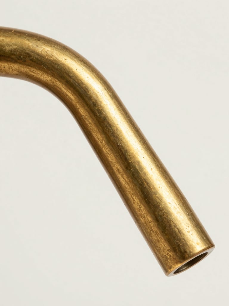 Extreme macro of a brass fixture arm showing hand-applied patina transitioning across the curved surface, studio strobe raking at a low angle to reveal the grain and texture variation, isolated on off-white background, no context objects, clinical framing