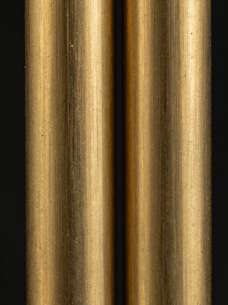 Extreme macro of a brass fixture surface showing brushed grain and patina stages side by side, cool strobe lighting rendering the texture at near-microscopic detail, black background, no context