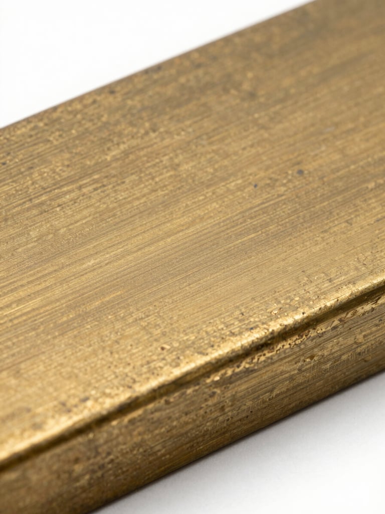 Macro close-up of a brushed brass surface showing directional grain and patina variation, cool studio strobe raking across the metal at a low angle to reveal texture depth, isolated on a near-white background, no context or staging