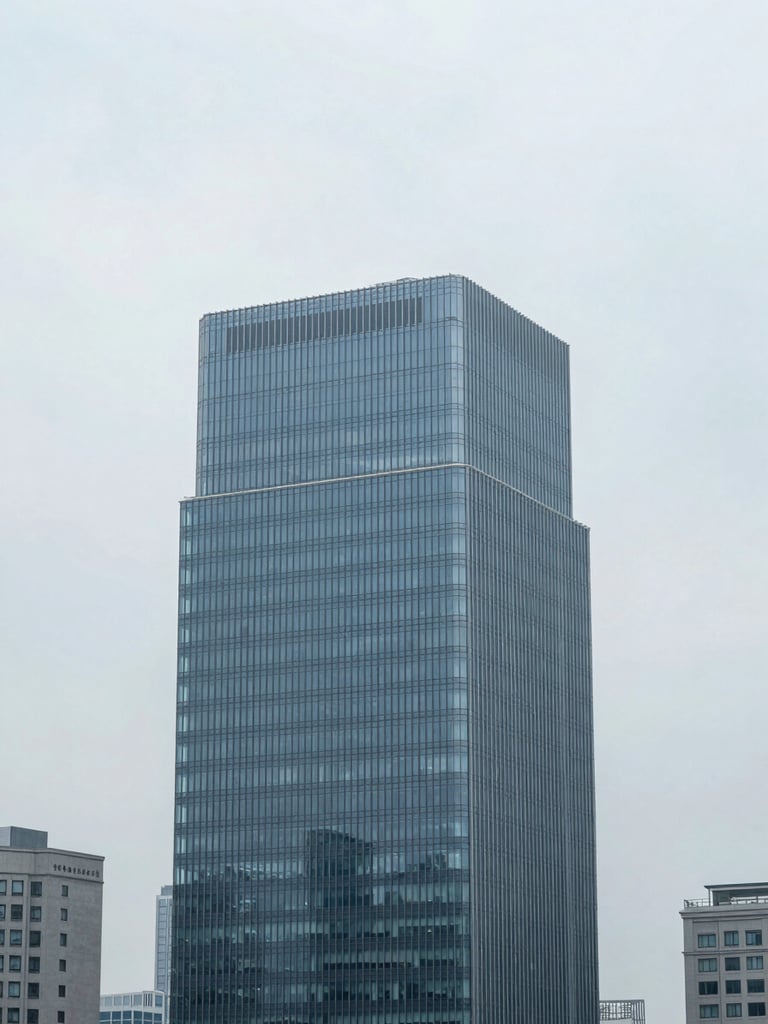 Minimalist architectural photography of a glass-and-steel structure in a global financial district, cool overcast daylight, desaturated blue and slate tones, sharp focus, 35mm lens