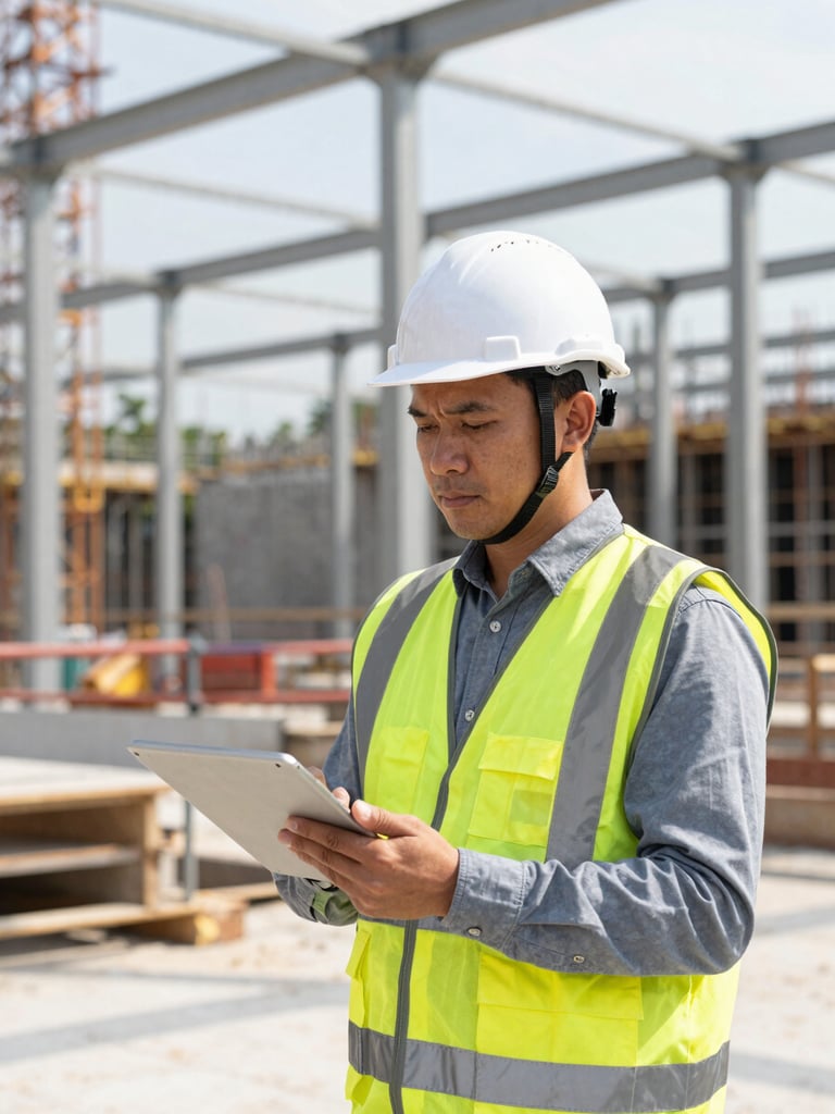 A professional site supervisor wearing a white hardhat and high-visibility safety vest holding a tablet on an active Johor Bahru construction site, bright daylight, steel structures in the background.