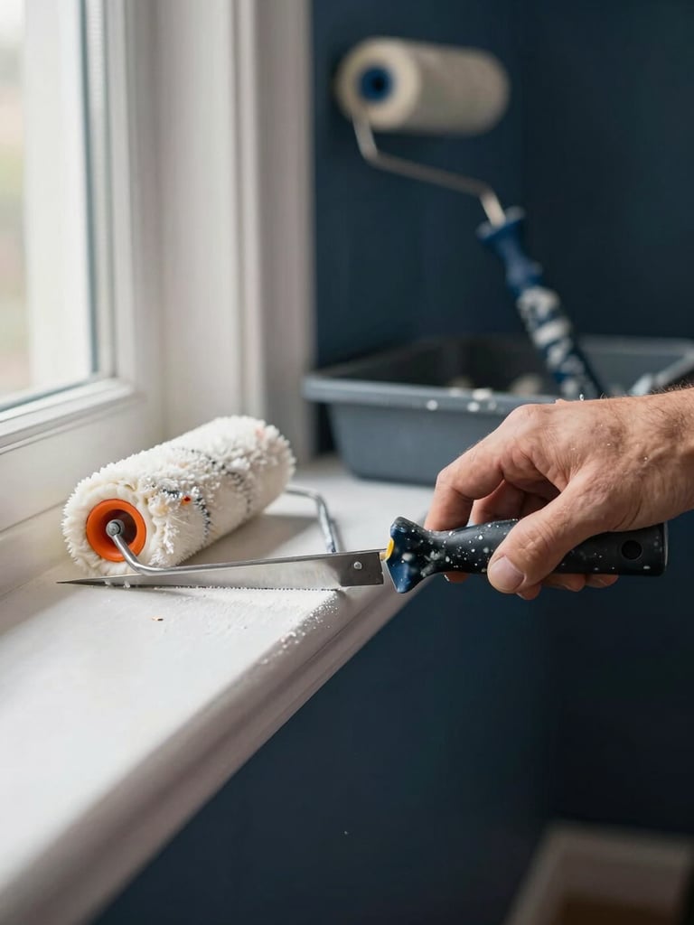 Close-up of a painter's hand cutting in a clean straight edge along white trim against a deep navy wall, natural window light from the left, paint roller and tray visible in the soft background