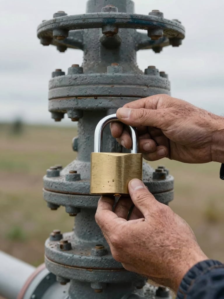 Close-up of weathered hands securing a heavy lockout padlock onto an industrial energy-isolating valve, overcast Alberta daylight.