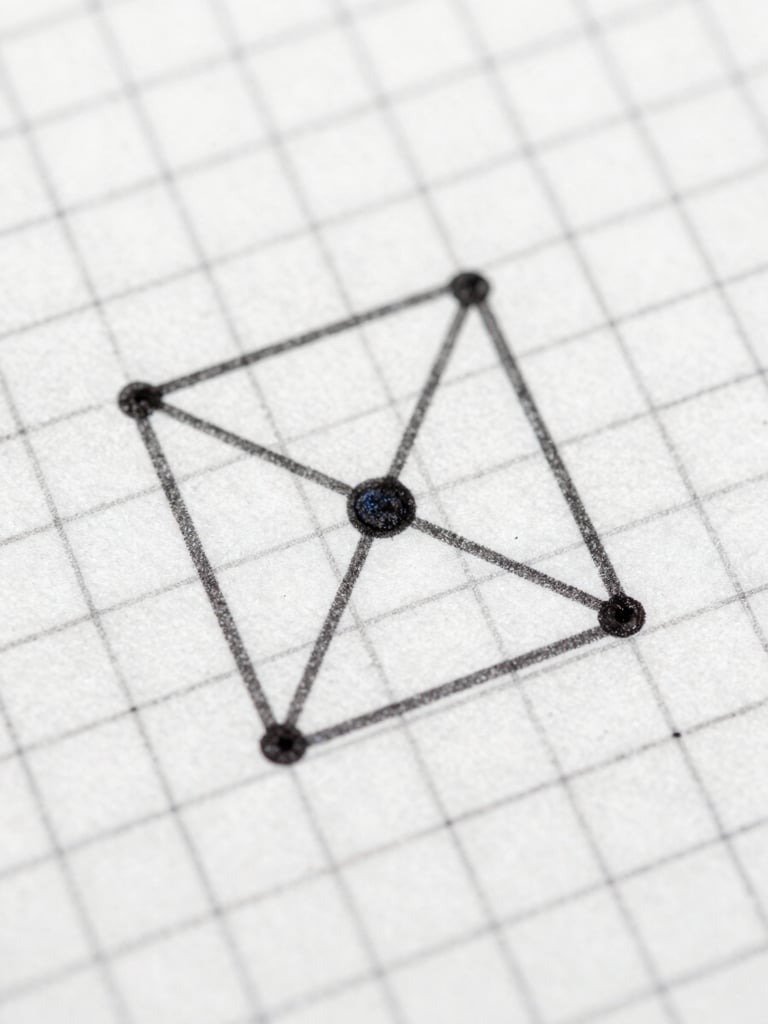 Macro shot of ink on grid paper, clean geometric pencil lines, sharp directional studio lighting, high-contrast monochrome