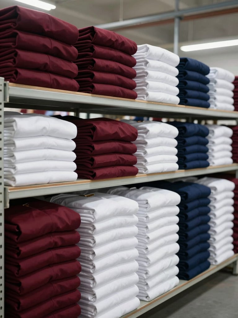 Wide shot of neatly folded church vestment robes arranged in precise color-sorted stacks on a factory shelf — deep burgundy, white, and navy rows — even overhead factory lighting, fabric texture visible, no people