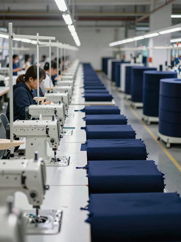 Wide panoramic view of an organized textile factory floor, rows of industrial sewing machines in operation under bright overhead lighting, workers at stations in the left third, bolts of deep navy fabric stacked in the background right, sharp depth of field conveying scale and order