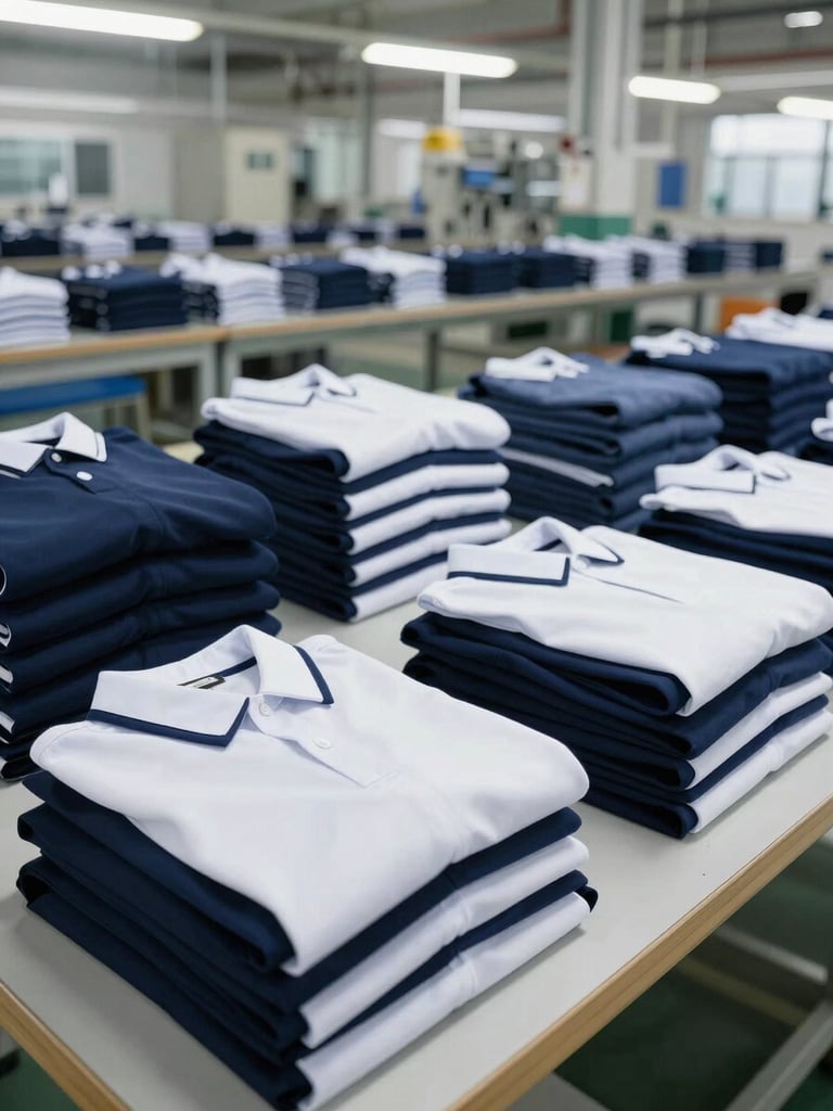 Wide shot of a factory production line with neatly folded school uniforms in navy and white stacked on a long table, even overhead industrial lighting, organized rows visible in the background, no people
