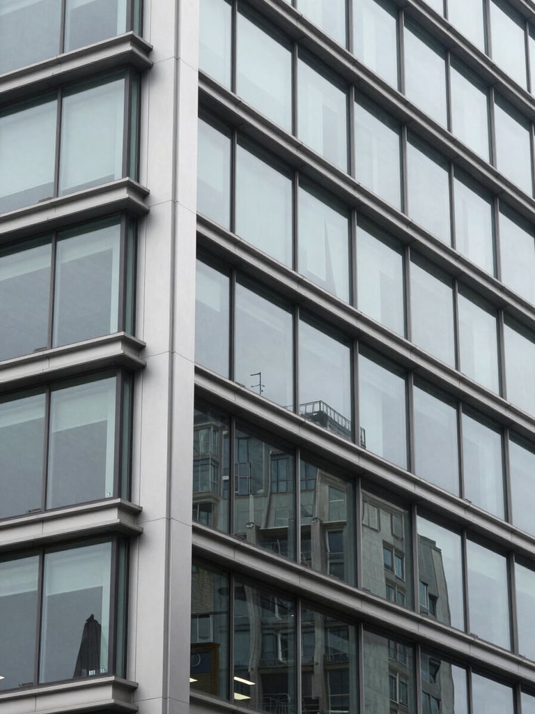 Close-up of architectural elements of a modern corporate building in Bogotá, steel and glass, cool tones, clean lines, professional corporate photography