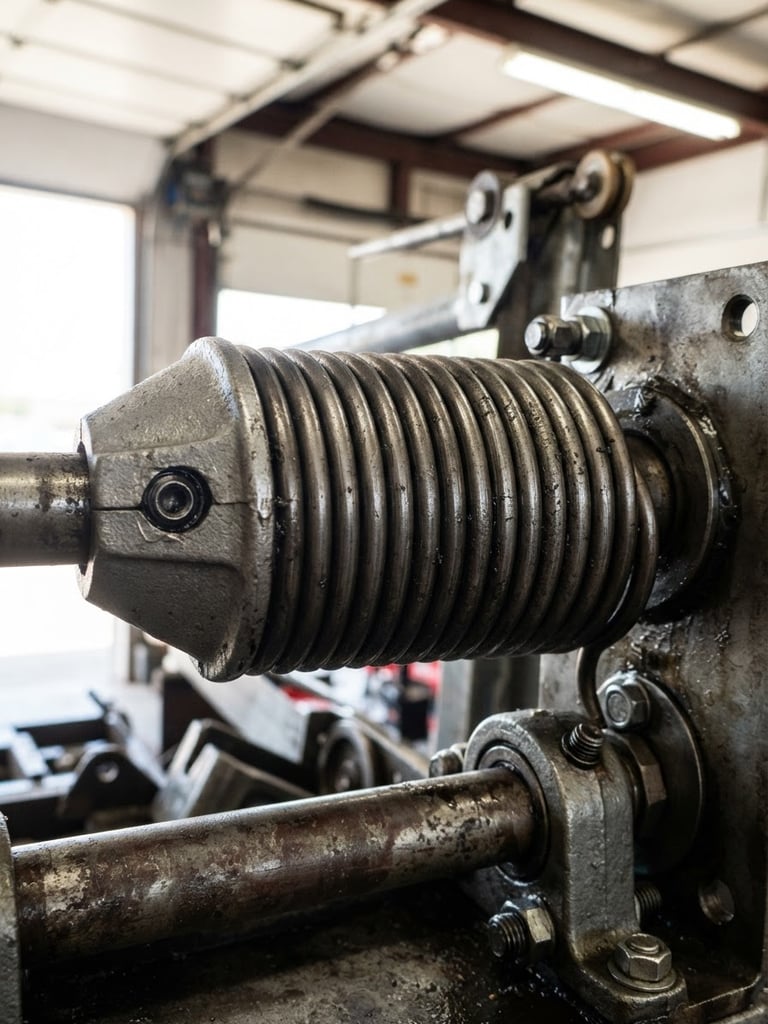 Close-up of heavy-duty torsion spring under bright garage lighting, high contrast metallic tones, 35mm lens.