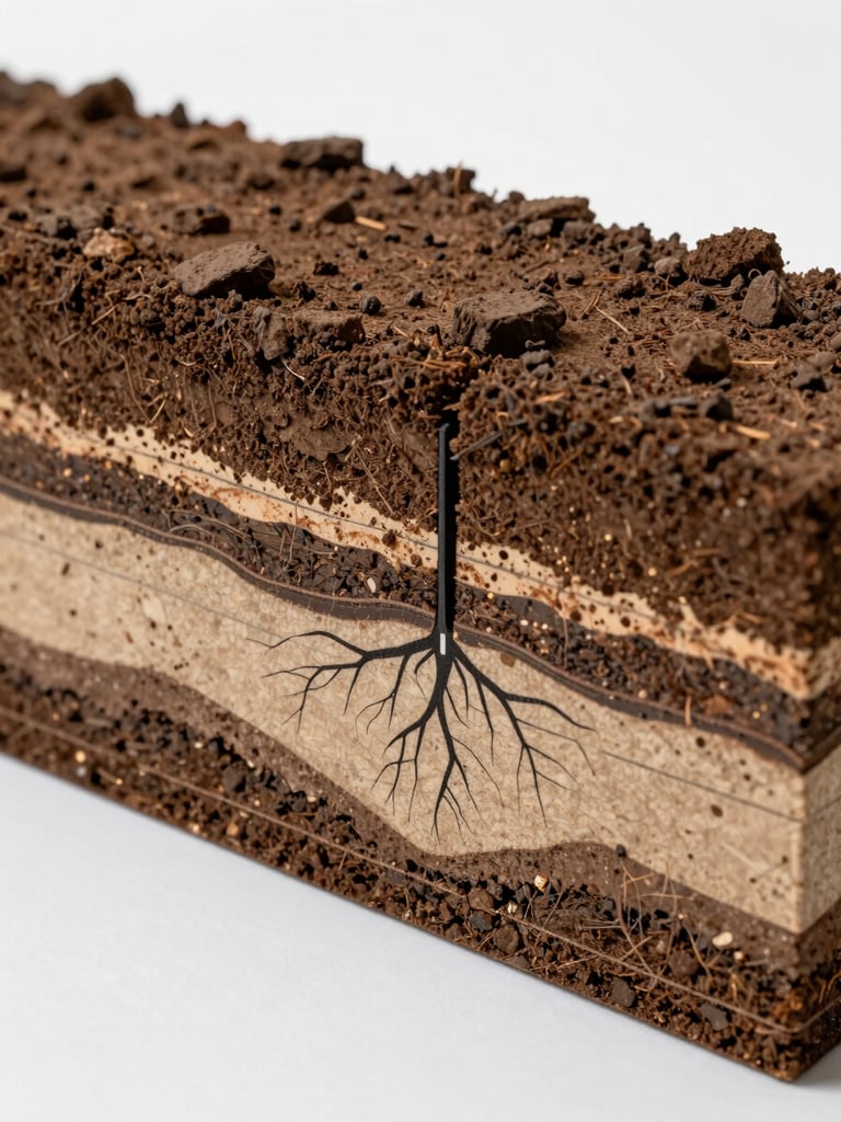 Close-up technical cross-section diagram rendered as a physical architectural model: soil strata layers, root-zone geometry, and planting-depth annotations, studio lighting from above, white background, no people